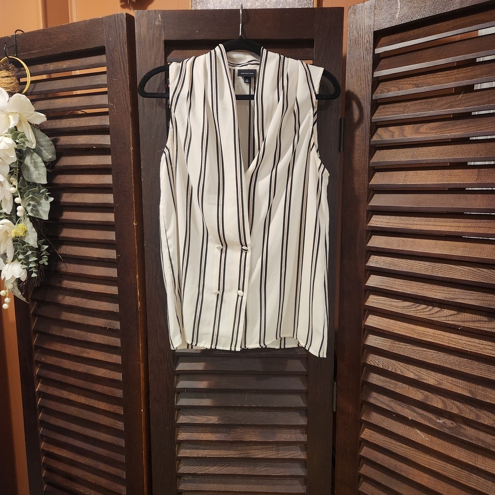 Who What Wear Vertical Striped Blouse - Black, Red, and Cream